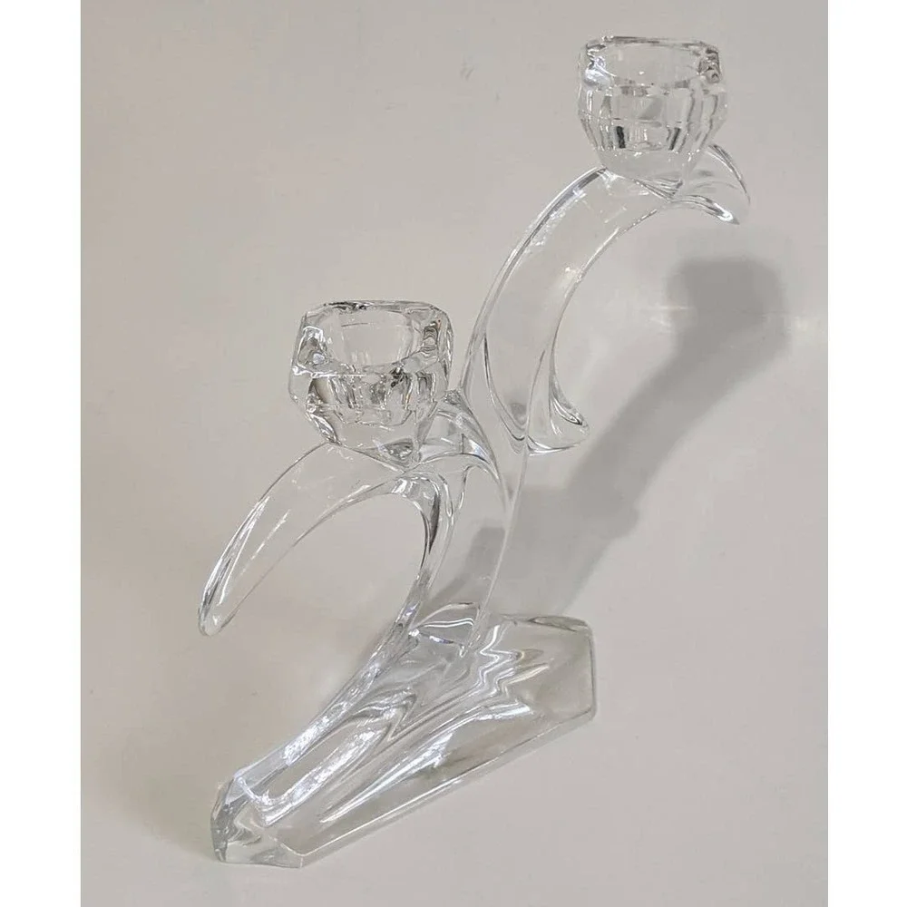 Vintage Crystal Double Candlestick Holder Sculptural Art‎ Deco Style Candelabra